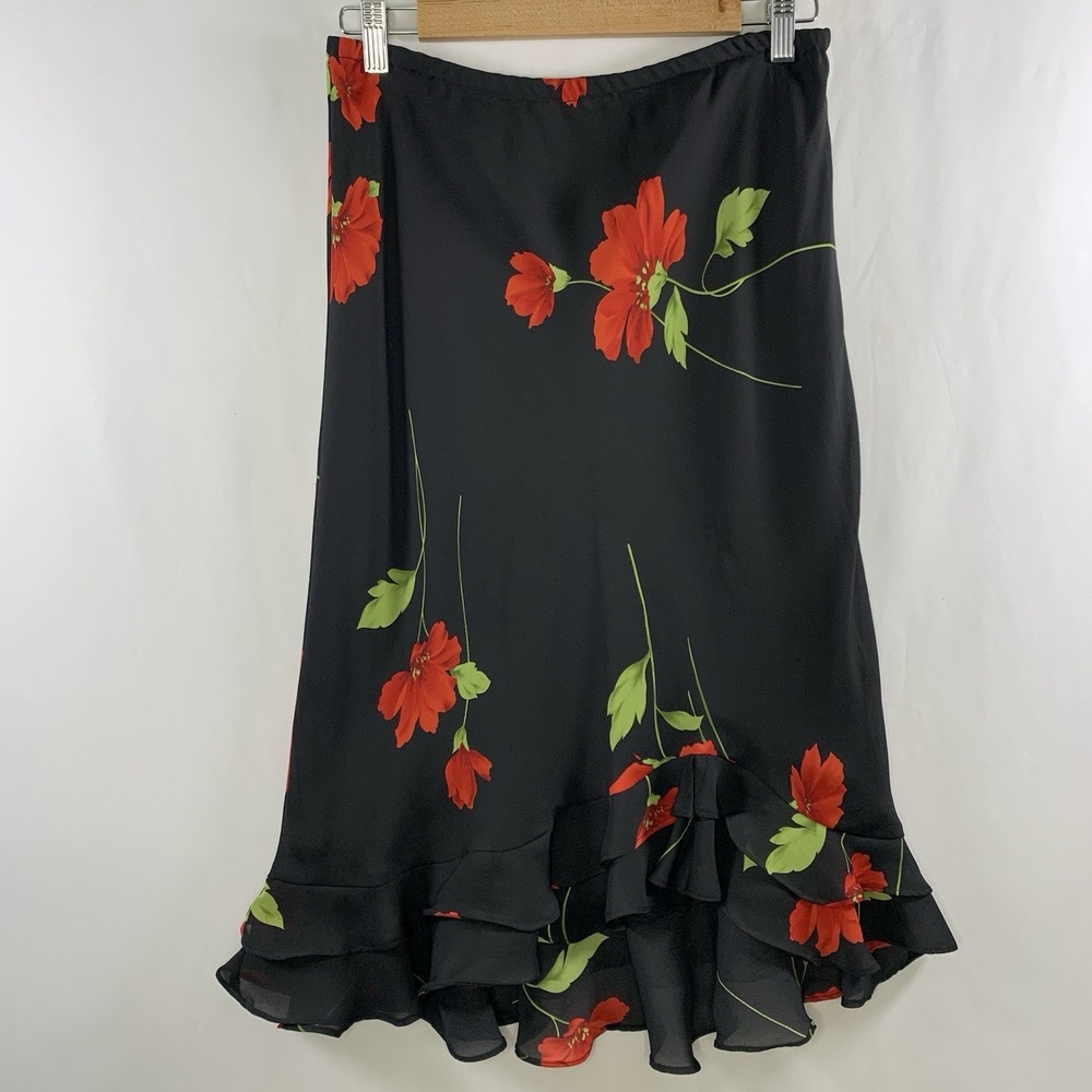 Dark Floral Romantic Tiered Ruffle Hem Midi Skirt Sz 10 Petite Bias Cut Roses